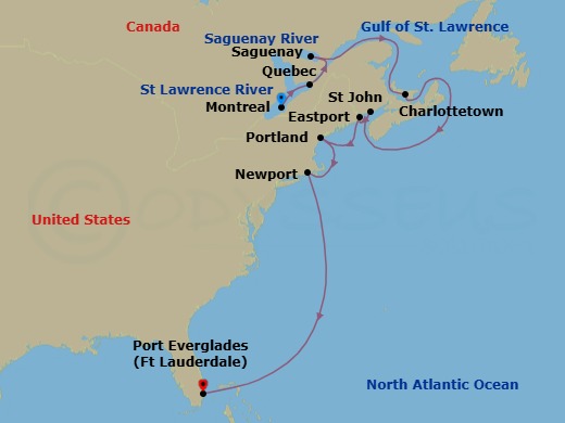 14 Night - Canada & New England Scenic Shores - Viking Mars - Starting in Montreal, Quebec, Quebec City, Quebec, Saguenay, Quebec, Scenic Sailing St Lawrence Seaway, Prince Edward Island (Charlottetown), Sail the Gulf of St Lawrence, Sail the Nova Scotia Coast, Saint John NB, New Brunswick, Eastport, Maine, Portland ME, Newport, Rhode Island, Sail the Atlantic Ocean, Fort Lauderdale, Florida itinerary map