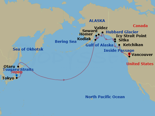 22 Night - North Pacific Passage - Viking Venus - Starting in Tokyo, Scenic Sailing : Tsugaro Strait, Sapporo (Otaru), Sail the Okhotsk Sea, Sail the North Pacific Ocean, Crossing International Dateline / East, Sail the Bering Sea, Scenic Sailing : Gulf of Alaska, Kodiak, Alaska, Homer, Seward, Alaska, Valdez, Alaska, Scenic Sailing : Hubbard Glacier, Icy Strait Point, Alaska, Sitka, Alaska, Ketchikan, Alaska, Scenic Sailing : the Inside Passage, Vancouver, British Columbia itinerary map