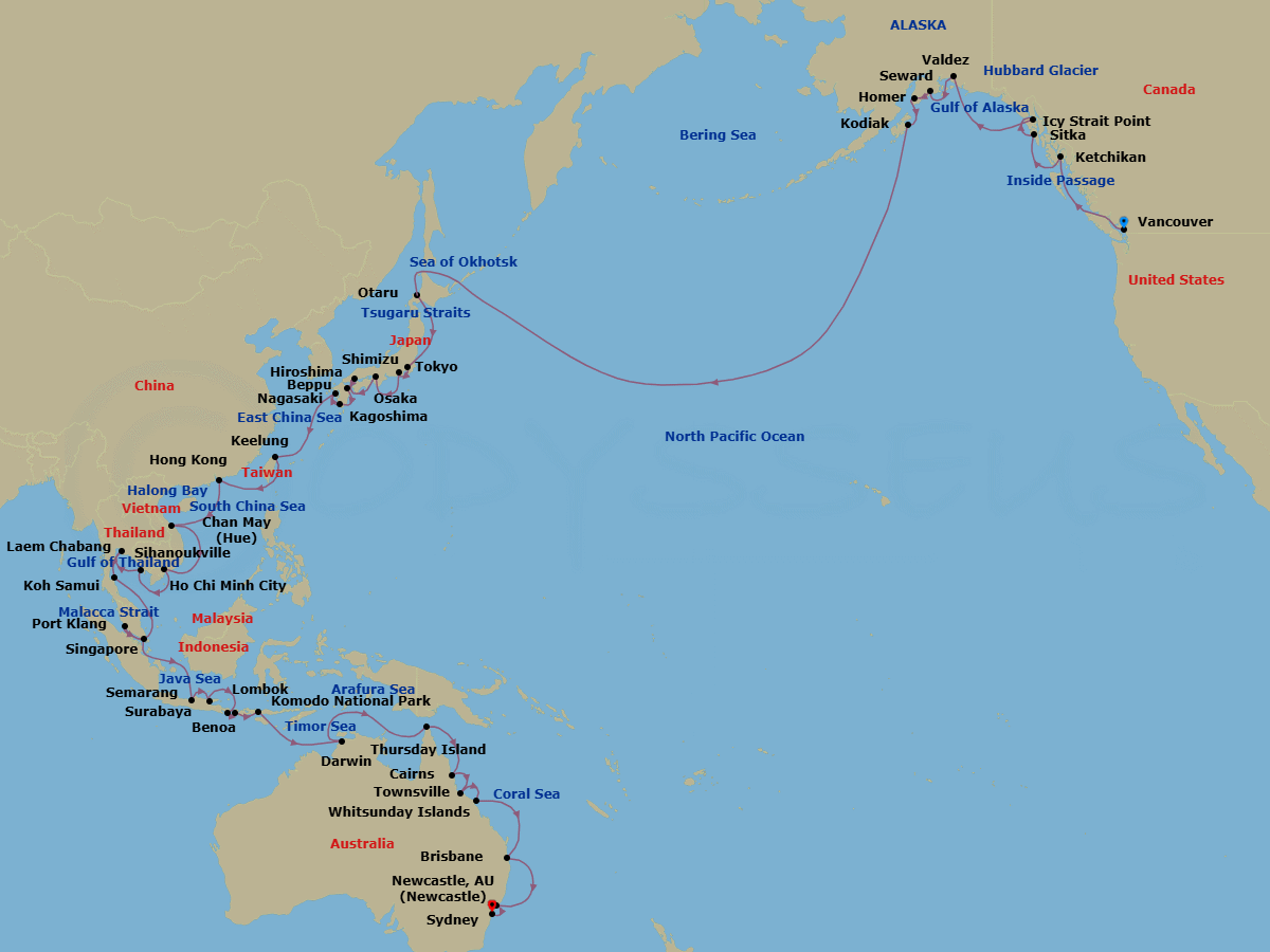 78 Night - Australia, Asia & Alaska - Viking Venus - Starting in Vancouver, British Columbia, Scenic Sailing : the Inside Passage, Ketchikan (Ward Cove), Alaska, Sitka, Alaska, Icy Strait Point, Alaska, Scenic Sailing : Hubbard Glacier, Valdez, Alaska, Seward, Alaska, Homer, Kodiak, Alaska, Scenic Sailing : Gulf of Alaska, Sail the Bering Sea, Sail the North Pacific Ocean, Sail the Okhotsk Sea, Sapporo (Otaru), Scenic Sailing : Tsugaro Strait, Tokyo, Shimizu, Osaka, Hiroshima, Beppu, Kagoshima, Nagasaki, Sail the East China Sea, Taipei (Keelung), Sail the East China Sea, Hong Kong, Sail the South China Sea, Ha Long Bay, Hue (Chan May), Sail the South China Sea, Ho Chi Minh City, Scenic Sailing : Gulf of Thailand, Sihanoukville, Bangkok (Laem Chabang), Koh Samui (Nathon), Scenic Sailing : Gulf of Thailand, Scenic Sailing : Strait of Malacca, Kuala Lumpur (Port Klang), Singapore, Sail the Java Sea, Semarang, Java, Surabaya, Java, Bali (Benoa), Lombok, Komodo National Park (Rinca), Sail the Timor Sea, Darwin, Sail the Arafura Sea, Thursday Island, Sail the Coral Sea, Cairns, Townsville, Whitsunday Island (Airlie Beach), Sail the Australian Coast, Brisbane, Sail the Australian Coast, Newcastle AU itinerary map