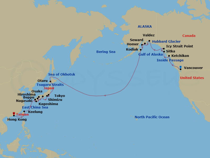 36 Night - Far East & Alaska - Viking Venus - Starting in Vancouver, British Columbia, Scenic Sailing : the Inside Passage, Ketchikan (Ward Cove), Alaska, Sitka, Alaska, Icy Strait Point, Alaska, Scenic Sailing : Hubbard Glacier, Valdez, Alaska, Seward, Alaska, Homer, Kodiak, Alaska, Scenic Sailing : Gulf of Alaska, Sail the Bering Sea, Sail the North Pacific Ocean, Sail the Okhotsk Sea, Sapporo (Otaru), Scenic Sailing : Tsugaro Strait, Tokyo, Shimizu, Osaka, Hiroshima, Beppu, Kagoshima, Nagasaki, Sail the East China Sea, Taipei (Keelung), Sail the East China Sea, Hong Kong itinerary map