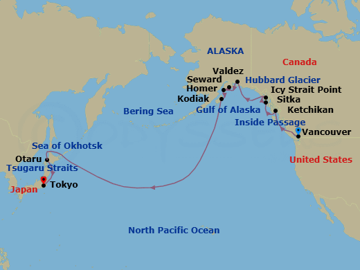 22 Night - North Pacific Passage - Viking Venus - Starting in Vancouver, British Columbia, Scenic Sailing the Inside Passage, Ketchikan (Ward Cove), Alaska, Sitka, Alaska, Icy Strait Point, Alaska, Scenic Sailing Hubbard Glacier, Valdez, Alaska, Seward, Alaska, Homer, Kodiak, Alaska, Scenic Sailing Gulf of Alaska, Sail the Bering Sea, Sail the North Pacific Ocean, Sail the Okhotsk Sea, Sapporo (Otaru), Scenic Sailing Tsugaro Strait, Tokyo itinerary map
