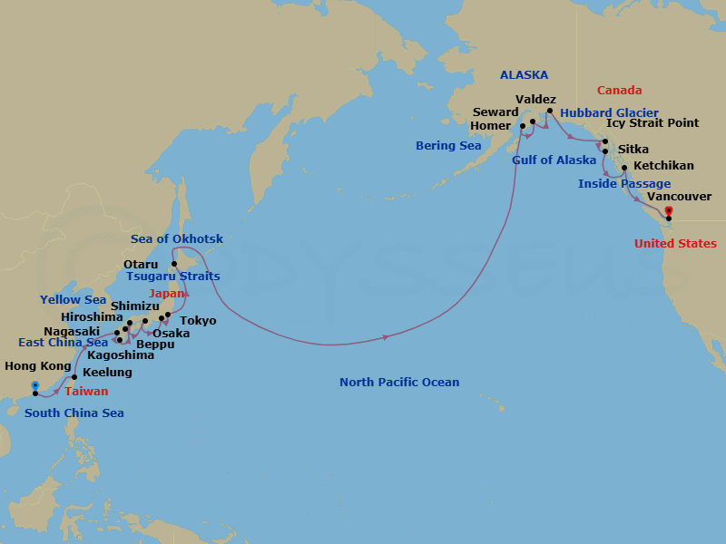 36 Night - Far East & Alaska - Viking Orion - Starting in Hong Kong, Sail the East China Sea, Taipei (Keelung), Sail the East China Sea, Nagasaki, Kagoshima, Beppu, Hiroshima, Osaka, Shimizu, Tokyo, Scenic Sailing : Tsugaro Strait, Sapporo (Otaru), Sail the Okhotsk Sea, Sail the North Pacific Ocean, Crossing International Dateline / East, Sail the Bering Sea, Scenic Sailing : Gulf of Alaska, Homer, Seward, Alaska, Valdez, Alaska, Scenic Sailing : Hubbard Glacier, Icy Strait Point, Alaska, Sitka, Alaska, Ketchikan, Alaska, Scenic Sailing : the Inside Passage, Vancouver, British Columbia itinerary map