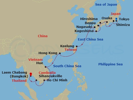 28 Night - Southeast Asia Horizons - Viking Orion - Starting in Tokyo, Shimizu, Osaka, Hiroshima, Beppu, Kagoshima, Nagasaki, Sail the East China Sea, Taipei (Keelung), Sail the East China Sea, Hong Kong, Sail the South China Sea, Ha Long Bay, Hue (Chan May), Sail the South China Sea, Ho Chi Minh City, Scenic Sailing Gulf of Thailand, Sihanoukville, Bangkok (Laem Chabang) itinerary map