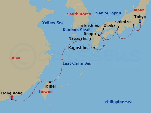 14 Night - Far Eastern Horizons - Viking Orion - Starting in Tokyo, Shimizu, Osaka, Hiroshima, Beppu, Kagoshima, Nagasaki, Sail the East China Sea, Taipei (Keelung), Sail the East China Sea, Hong Kong itinerary map