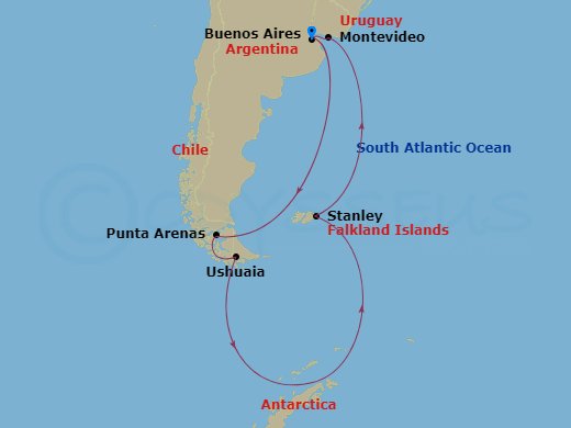 17 Night - Antarctica & Patagonia - Majestic Princess - Starting in Buenos Aires, Argentina, Punta Arenas, Chile, Ushuaia (Tierra del Fuego), Argentina, Antarctic Peninsula (Scenic Cruising), Port Stanley, Falkland Islands, Montevideo, Uruguay, Buenos Aires, Argentina itinerary map