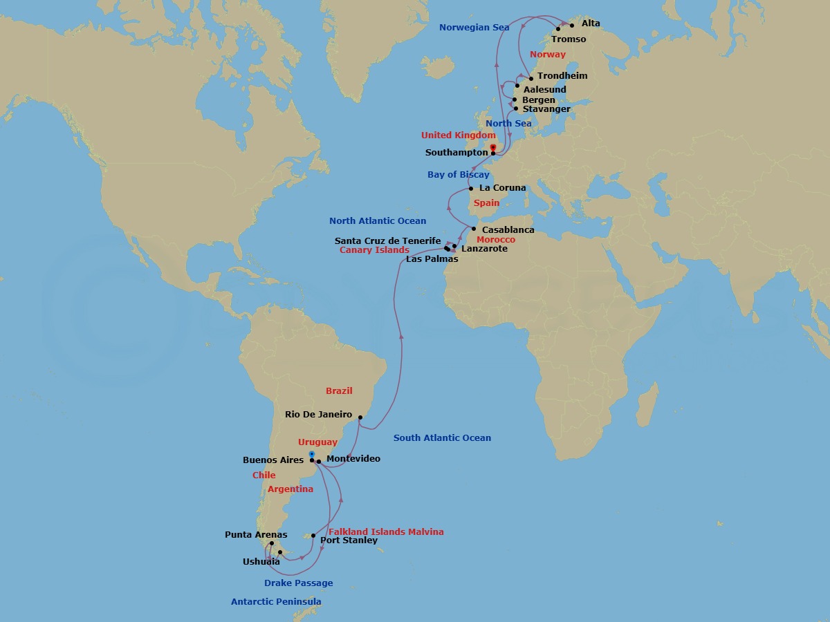 53 Night - Ultimate Pole-To-Pole Odyssey - Majestic Princess - Starting in Buenos Aires, Argentina, Punta Arenas, Chile, Ushuaia (Tierra del Fuego), Argentina, Antarctic Peninsula (Scenic Cruising), Port Stanley, Falkland Islands, Montevideo, Uruguay, Buenos Aires, Argentina, Montevideo, Uruguay, Rio De Janeiro, Brazil, Santa Cruz de Tenerife, Lanzarote (Arrecife), Canary Islands, Gran Canaria (Las Palmas), Canary Islands, Casablanca, Morocco (for Marrakesh), La Coruna, Spain (for Santiago de Compostela), Southampton (for London), England, Tromso, Norway, Alta, Norway, Trondheim, Norway, Alesund, Norway, Bergen, Norway, Stavanger, Norway, Southampton (for London), England itinerary map