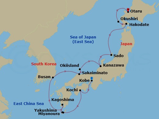12 Night - Kobe to Otaru - Silver Cloud - Starting in Kobe, Kochi, Miyanoura / Yakushima, Kagoshima (Kyushu Island), Busan, Sakaiminato, Oki Island, Kanazawa, Sado Island, Hakodate (Hokkaido), Okushiri, Otaru (Hokkaido) itinerary map