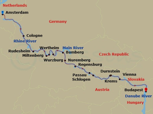 14 Night - Christmas Markets - Scenic Pearl - Starting in Amsterdam, Cologne, Rudesheim, Miltenberg / Wertheim, Wurzburg, Bamberg, Nuremberg, Regensburg, Passau / Schlogen, Durnstein / Krems, Vienna, Budapest itinerary map