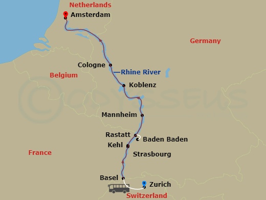 7 Night - Rhine Highlights - Scenic Pearl - Starting in Zurich / Basel (Breisach), Kehl, Rastatt, Mannheim, Koblenz, Cologne, Amsterdam itinerary map