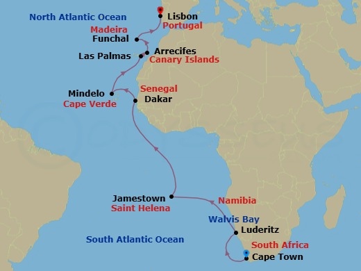 24 Night - World Cruise : Cape Town, Namibia & Atlantic Islands - Seabourn Quest - Starting in Cape Town, South Africa, Luderitz, Namibia, Walvis Bay, Namibia, Jamestown, St Helena, Ascension and Tristan Da Cunha, Crossing the Equator, Dakar, Senegal, Mindelo, Cape Verde, Las Palmas, Gran Canaria, Canary Islands, Spain, Arrecife, Lanzarote, Canary Islands, Spain, Funchal (Madeira), Portugal, Lisbon, Portugal itinerary map