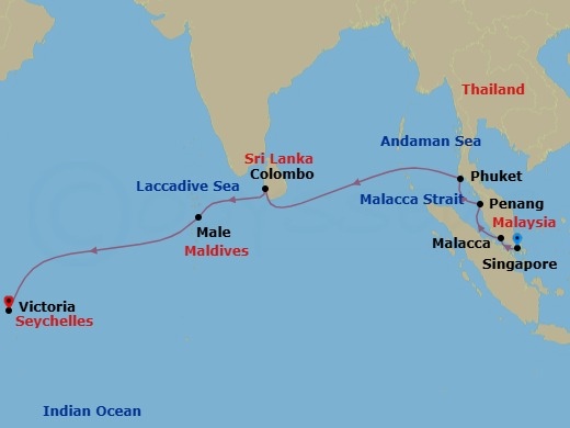 13 Night - World Cruise : Southeast Asia & Indian Ocean Islands - Seabourn Quest - Starting in Singapore, Malacca, Malaysia, Penang, Malaysia, Phuket, Thailand, Colombo, Sri Lanka, Male, Maldives, Victoria SC, Mahe, Seychelles itinerary map