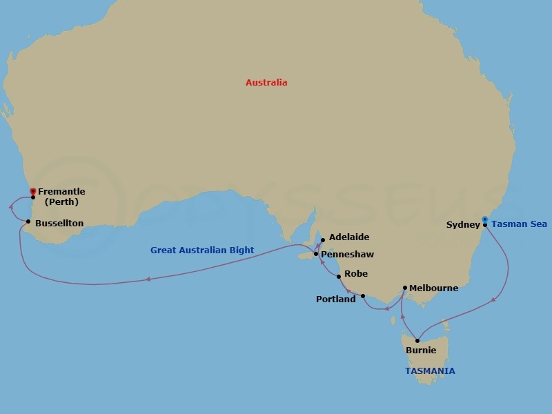 13 Night - World Cruise : Exploring Australia's Southern Shores - Seabourn Quest - Starting in Sydney AU, Burnie, Tasmania, Australia, Melbourne, Australia, Portland AU, Victoria AU, Australia, Robe, South Australia, Australia, Adelaide, South Australia, Australia, Penneshaw, Kangaroo Island, Australia, Busselton, Australia, Fremantle (Perth), Australia itinerary map