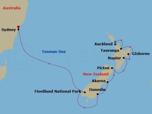 12 Night - World Cruise : New Zealand & Fiordland Wonders - Seabourn Quest - Starting in Auckland, New Zealand, Tauranga (Rotorua), New Zealand, Gisborne, New Zealand, Napier, New Zealand, Picton, New Zealand, Akaroa (Christchurch), New Zealand, Port Chalmers (Dunedin), New Zealand, Cruising Fiordland Natl Park, Sydney AU itinerary map
