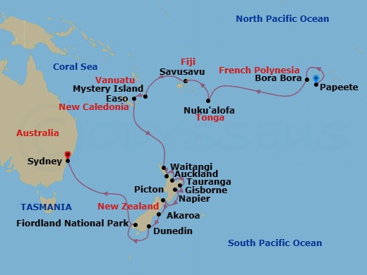 28 Night - World Cruise : South Pacific Islands & New Zealand - Seabourn Quest - Starting in Papeete, French Polynesia, Bahia d Opunoha, Moorea, French Polynesia, Bora Bora, French Polynesia, Cross International Dateline, Nuku Alofa, Tonga, Savusavu, Vanua Levu, Fiji, Mystery Island, Vanuatu, Easo, Lifou, New Caledonia, Waitangi (Bay of Islands), New Zealand, Auckland, New Zealand, Tauranga (Rotorua), New Zealand, Gisborne, New Zealand, Napier, New Zealand, Picton, New Zealand, Akaroa (Christchurch), New Zealand, Port Chalmers (Dunedin), New Zealand, Cruising Fiordland Natl Park itinerary map