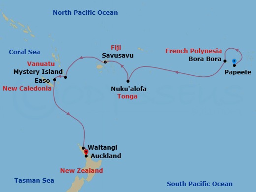 16 Night - World Cruise : Bora Bora, Fiji & Beyond - Seabourn Quest - Starting in Papeete, French Polynesia, Bahia d Opunoha, Moorea, French Polynesia, Bora Bora, French Polynesia, Cross International Dateline, Nuku Alofa, Tonga, Savusavu, Vanua Levu, Fiji, Mystery Island, Vanuatu, Easo, Lifou, New Caledonia, Waitangi (Bay of Islands), New Zealand itinerary map