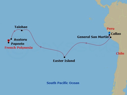 17 Night - World Cruise : Easter Island & French Polynesia - Seabourn Quest - Starting in Callao (Lima), Peru, General San Martin (Pisco), Peru, Easter Island, Chile, Taiohae, Nuku Hiva, French Polynesia, Avatoru, Rangiroa, French Polynesia, Papeete, French Polynesia itinerary map