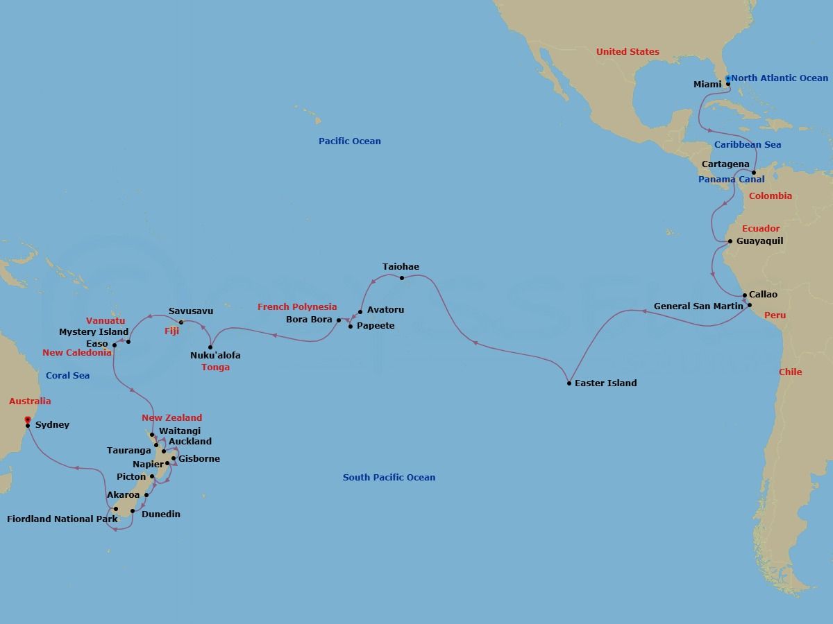58 Night - World Cruise : South America & South Pacific Discovery - Seabourn Quest - Starting in Miami, Florida, Cartagena CO, Cruising Panama Canal, Crossing the Equator, Guayaquil, Ecuador, Callao (Lima), Peru, General San Martin (Pisco), Peru, Easter Island, Chile, Taiohae, Nuku Hiva, French Polynesia, Avatoru, Rangiroa, French Polynesia, Papeete, French Polynesia, Bahia d Opunoha, Moorea, French Polynesia, Bora Bora, French Polynesia, Cross International Dateline, Nuku Alofa, Tonga, Savusavu, Vanua Levu, Fiji, Mystery Island, Vanuatu, Easo, Lifou, New Caledonia, Waitangi (Bay of Islands), New Zealand, Auckland, New Zealand, Tauranga (Rotorua), New Zealand, Gisborne, New Zealand, Napier, New Zealand, Picton, New Zealand, Akaroa (Christchurch), New Zealand, Port Chalmers (Dunedin), New Zealand, Cruising Fiordland Natl Park itinerary map