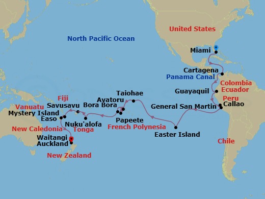 46 Night - World Cruise : South America & South Pacific Islands - Seabourn Quest - Starting in Miami, Florida, Cartagena CO, Cruising Panama Canal, Crossing the Equator, Guayaquil, Ecuador, Callao (Lima), Peru, General San Martin (Pisco), Peru, Easter Island, Chile, Taiohae, Nuku Hiva, French Polynesia, Avatoru, Rangiroa, French Polynesia, Papeete, French Polynesia, Bahia d Opunoha, Moorea, French Polynesia, Bora Bora, French Polynesia, Cross International Dateline, Nuku Alofa, Tonga, Savusavu, Vanua Levu, Fiji, Mystery Island, Vanuatu, Easo, Lifou, New Caledonia, Waitangi (Bay of Islands), New Zealand itinerary map