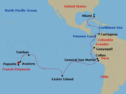 30 Night - World Cruise : South America to French Polynesia - Seabourn Quest - Starting in Miami, Florida, Cartagena CO, Cruising Panama Canal, Crossing the Equator, Guayaquil, Ecuador, Callao (Lima), Peru, General San Martin (Pisco), Peru, Easter Island, Chile, Taiohae, Nuku Hiva, French Polynesia, Avatoru, Rangiroa, French Polynesia, Papeete, French Polynesia itinerary map