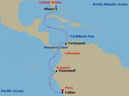 13 Night - World Cruise : Panama Canal & South American Explorer - Seabourn Quest - Starting in Miami, Florida, Cartagena CO, Cruising Panama Canal, Crossing the Equator, Guayaquil, Ecuador, Callao (Lima), Peru itinerary map