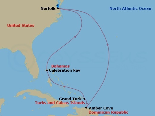8 Night - Eastern Caribbean - Carnival Freedom - Starting in Norfolk, Va, Amber Cove, Dominican Republic, Grand Turk, Celebration Key, the Bahamas, Norfolk, Va itinerary map