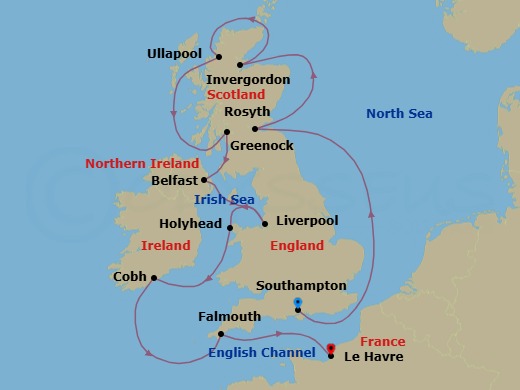 11 Night - Cultivated Culture - Oceania Insignia - Starting in London (Southampton), Edinburgh (Rosyth), Invergordon, United Kingdom, Ullapool, Glasgow (Greenock), Belfast, Liverpool, Holyhead, Cork (Cobh), Falmouth (Cornwall), Paris (Le Havre) itinerary map