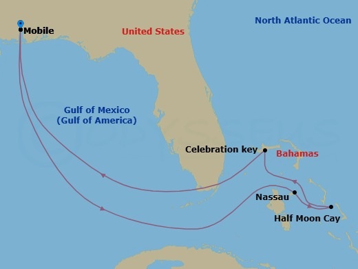 8 Night - Bahamas - Carnival Valor - Starting in Mobile, Al, Nassau, Bahamas, Relaxaway, Half Moon Cay, Celebration Key, the Bahamas, Mobile, Al itinerary map