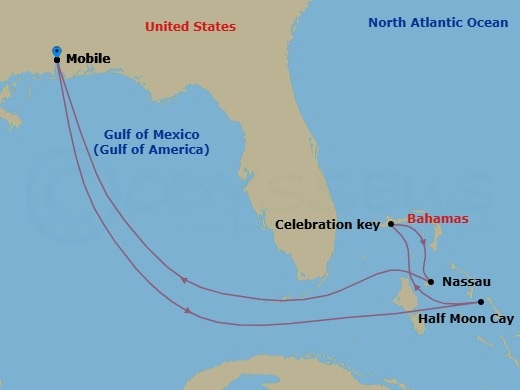 8 Night - Bahamas - Carnival Valor - Starting in Mobile, Al, Relaxaway, Half Moon Cay, Celebration Key, the Bahamas, Nassau, Bahamas, Mobile, Al itinerary map
