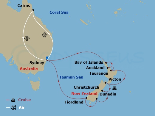 19 Night - Tropical Highlights - Tour 2A - Royal Princess Tours - Starting in Sydney AU, Cairns, Australia, Sydney AU, Bay of Islands, New Zealand, Auckland, New Zealand, Tauranga, New Zealand, Picton, New Zealand, Christchurch (Lyttelton), New Zealand, Dunedin (Port Chalmers), New Zealand, Fiordland National Park (Scenic Cruising), Sydney AU itinerary map
