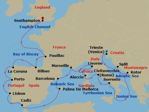19 Night - Mediterranean Meditations - Oceania Sonata - Starting in Trieste, Split, Kotor, Sorrento / Capri, Rome (Civitavecchia), Ajaccio (Corsica), Florence / Pisa / Tuscany (Livorno), Provence (Marseille), Barcelona, Palma De Mallorca, Seville (Cadiz), Lisbon, Oporto, La Coruna, Bilbao, Bordeaux (Pauillac), London (Southampton) itinerary map