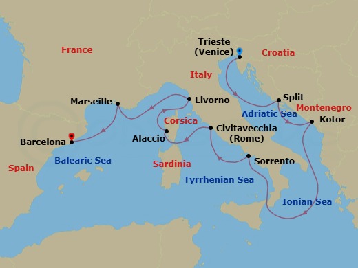 9 Night - Mediterranean Glory - Oceania Sonata - Starting in Trieste, Split, Kotor, Sorrento / Capri, Rome (Civitavecchia), Ajaccio (Corsica), Florence / Pisa / Tuscany (Livorno), Provence (Marseille), Barcelona itinerary map