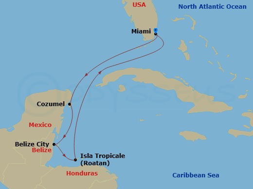 7 Night - Western Caribbean - Carnival Firenze - Starting in Miami, Fl, Puerta Maya, Cozumel, Mexico, Belize, Isla Tropicale, Roatan, Miami, Fl itinerary map
