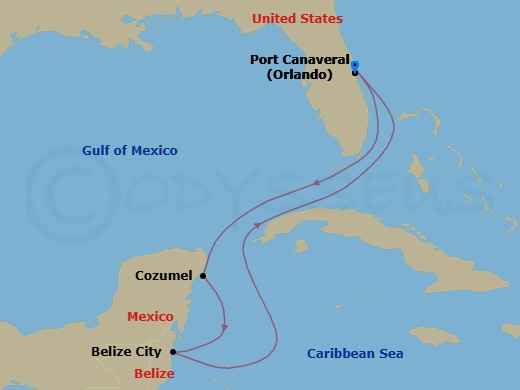 6 Night - Western Caribbean Cruise - Carnival Firenze - Starting in Port Canaveral (Orlando), Fl, Puerta Maya, Cozumel, Mexico, Belize, Port Canaveral (Orlando), Fl itinerary map