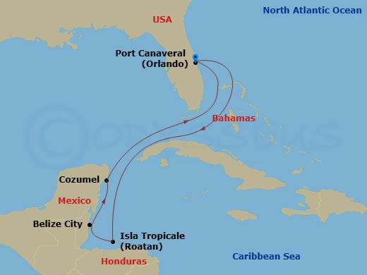 7 Night - Western Caribbean - Carnival Venezia - Starting in Port Canaveral (Orlando), Fl, Isla Tropicale, Roatan, Belize, Puerta Maya, Cozumel, Mexico, Port Canaveral (Orlando), Fl itinerary map