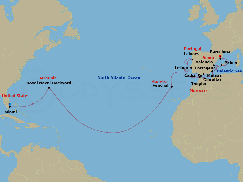 25 Night - Cruise from Miami to Barcelona - Silver Ray - Starting in Miami, Royal Naval Dockyard, Funchal, Lisbon, Porto, Tangier, Cadiz, Gibraltar, Malaga, Cartagena ES, Valencia, Palma De Mallorca, Barcelona itinerary map