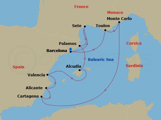 10 Night - Barcelona to Barcelona - Silver Ray - Starting in Barcelona, Toulon, Monte Carlo, Cartagena ES, Spain, Alicante, Valencia, Alcudia, Mallorca, Palamos, Sete, Barcelona itinerary map