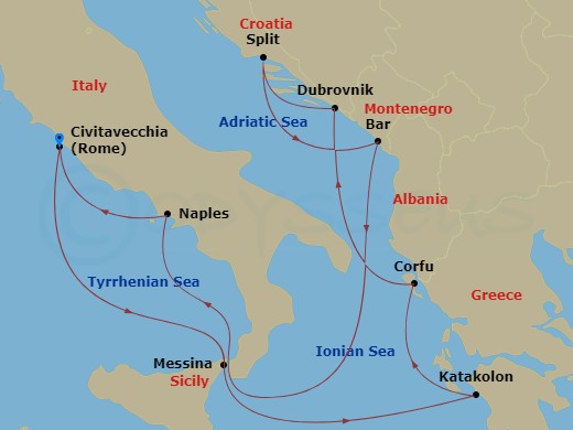 10 Night - Italy, Greece & Croatia Cruise - Celebrity Ascent - Starting in Rome (Civitavecchia), Italy, Sicily (Messina), Italy, Olympia (Katakolon), Greece, Corfu, Greece, Dubrovnik, Croatia, Split, Croatia, Montenegro, Naples, Italy, Rome (Civitavecchia), Italy itinerary map