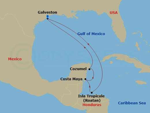 7 Night - Western Caribbean - Carnival Jubilee - Starting in Galveston, Tx, Isla Tropicale, Roatan, Costa Maya, Mexico, Puerta Maya, Cozumel, Mexico, Galveston, Tx itinerary map