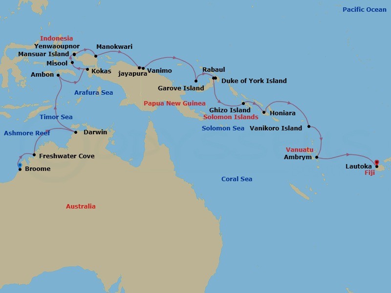 32 Night - Kimberley Expedition, Indonesia & Papua New Guinea - Seabourn Pursuit - Starting in Broome, Western Australia, Australia, Whirlpool Passage, Western Australia, Talbot Bay, Western Australia, Australia, Montgomery Reef, Western Australia, Australia, Freshwater Cove, Western Australia, Australia, Swift Bay, Australia, Hunter River, Western Australia, Australia, Ashmore Reef, Australia, Vansittart Bay, Western Australia, Australia, King George River, Western Australia, Australia, Darwin, Australia, Ambon, Indonesia, Kokas, Indonesia, Misool, Yapap Lagoon, Indonesia, Yenwapunor, Gam Island, Indonesia, Mansuar Island, Indonesia, Manokwari, Indonesia, Cenderawasih Bay, Indonesia, Jayapura, Indonesia, Vanimo, Papua New Guinea, Garove Island, Papua New Guinea, Duke of York Island, Papua New Guinea, Rabaul, Papua New Guinea, Ghizo Island, Solomon Islands, Honiara, Guadalcanal, Solomon Islands, Vanikoro, Solomon Islands, Ambrym, Vanuatu, Lautoka, Fiji itinerary map