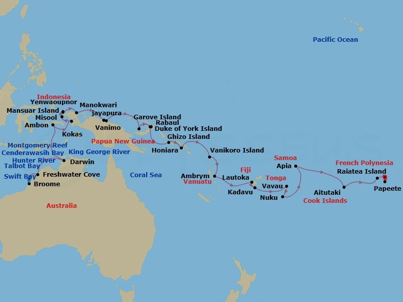 45 Night - Kimberley Expedition, Indonesia & Papua New Guinea - Seabourn Pursuit - Starting in Broome, Western Australia, Australia, Whirlpool Passage, Western Australia, Talbot Bay, Western Australia, Australia, Montgomery Reef, Western Australia, Australia, Freshwater Cove, Western Australia, Australia, Swift Bay, Australia, Hunter River, Western Australia, Australia, Ashmore Reef, Australia, Vansittart Bay, Western Australia, Australia, King George River, Western Australia, Australia, Darwin, Australia, Ambon, Indonesia, Kokas, Indonesia, Misool, Yapap Lagoon, Indonesia, Yenwapunor, Gam Island, Indonesia, Mansuar Island, Indonesia, Manokwari, Indonesia, Cenderawasih Bay, Indonesia, Jayapura, Indonesia, Vanimo, Papua New Guinea, Garove Island, Papua New Guinea, Duke of York Island, Papua New Guinea, Rabaul, Papua New Guinea, Ghizo Island, Solomon Islands, Honiara, Guadalcanal, Solomon Islands, Vanikoro, Solomon Islands, Ambrym, Vanuatu, Lautoka, Fiji, Kadavu, Fiji, Vavau, Tonga, Nukupule Island, Haapai Group, Tonga, Apia, Upolu, Samoa, Cross International Dateline, Aitutaki, Cook Islands, Raiatea, Society Islands, French Polynesia, Maroe Bay, Huahine Iti, French Polynesia, Papeete, French Polynesia itinerary map