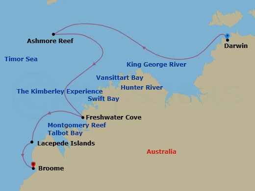 10 Night - Kimberley Expedition : Waterfalls & Wanjinas - Seabourn Pursuit - Starting in Darwin, Australia, King George River, Western Australia, Australia, Vansittart Bay, Western Australia, Australia, Ashmore Reef, Australia, Kimberley, Hunter River, Western Australia, Australia, Swift Bay, Australia, Freshwater Cove, Western Australia, Australia, Montgomery Reef, Western Australia, Australia, Talbot Bay, Western Australia, Australia, Lacepede Islands, Western Australia, Australia, Broome, Western Australia, Australia itinerary map