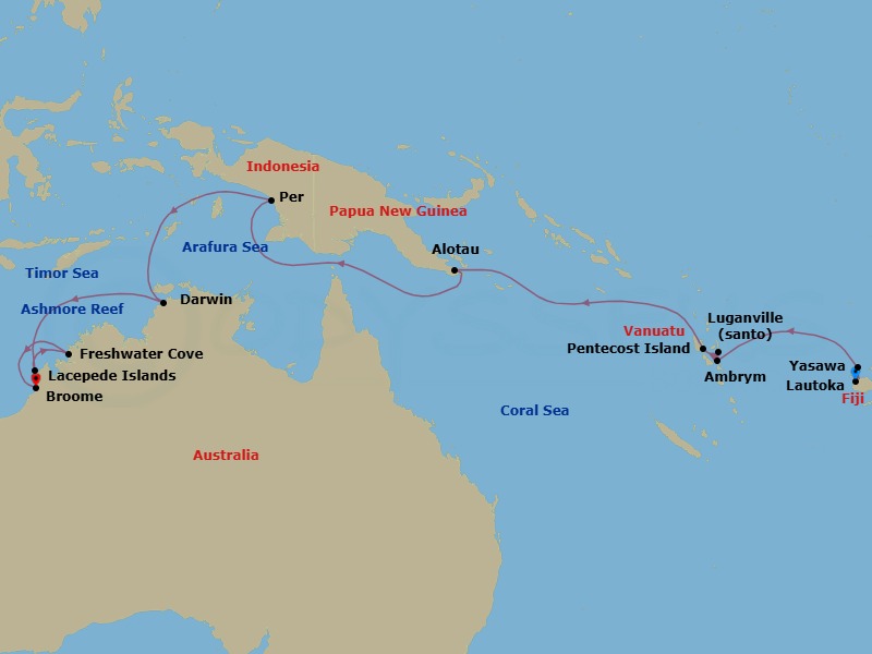 26 Night - Papua New Guinea & Kimberley Expedition - Seabourn Pursuit - Starting in Lautoka, Fiji, Nabukeru, Yasawa Island, Fiji, Ambrym, Vanuatu, Pentecost Island, Vanuatu, Luganville, Espiritu Santo, Vanuatu, Alotau, Papua New Guinea, Per, Indonesia, Darwin, Australia, King George River, Western Australia, Australia, Vansittart Bay, Western Australia, Australia, Ashmore Reef, Australia, Kimberley, Hunter River, Western Australia, Australia, Swift Bay, Australia, Lacepede Islands, Western Australia, Australia, Freshwater Cove, Western Australia, Australia, Montgomery Reef, Western Australia, Australia, Talbot Bay, Western Australia, Australia, Broome, Western Australia, Australia itinerary map