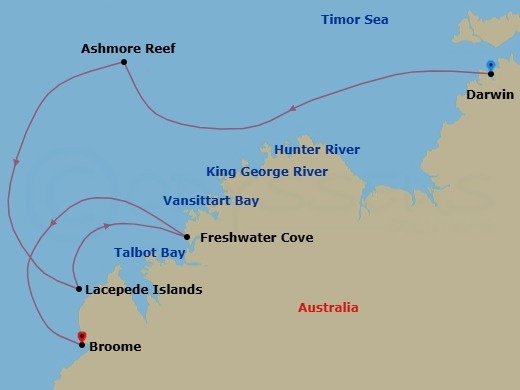 10 Night - Kimberley Expedition : Waterfalls & Wanjinas - Seabourn Pursuit - Starting in Darwin, Australia, King George River, Western Australia, Australia, Vansittart Bay, Western Australia, Australia, Ashmore Reef, Australia, Kimberley, Hunter River, Western Australia, Australia, Swift Bay, Australia, Lacepede Islands, Western Australia, Australia, Freshwater Cove, Western Australia, Australia, Montgomery Reef, Western Australia, Australia, Talbot Bay, Western Australia, Australia, Broome, Western Australia, Australia itinerary map