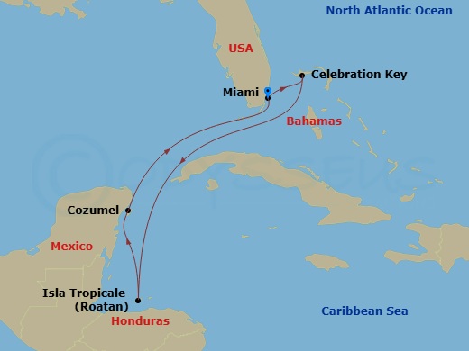 7 Night - Western Caribbean - Carnival Celebration - Starting in Miami, Fl, Celebration Key, the Bahamas, Isla Tropicale, Roatan, Puerta Maya, Cozumel, Mexico, Miami, Fl itinerary map