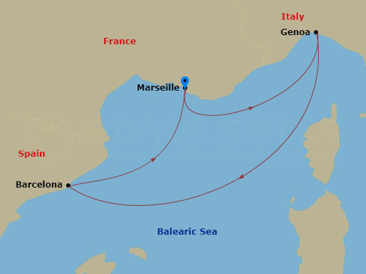 4 Night - Mediterranean - MSC World Europa - Starting in Marseille (Provence), France, Genoa (Portofino), Italy, Barcelona, Spain, Marseille (Provence), France itinerary map