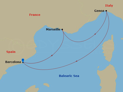 4 Night - Mediterranean - MSC World Europa - Starting in Barcelona, Spain, Marseille (Provence), France, Genoa (Portofino), Italy, Barcelona, Spain itinerary map
