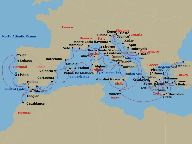 60 Night - Cruise Roundtrip from Lisbon - Silver Dawn - Starting in Lisbon, Porto, Vigo, Gibraltar, Malaga, Cartagena ES, Palma De Mallorca, Alcudia, Porto Mahon, Alghero, Ajaccio, Civitavecchia, Naples, Agropoli, Giardini Naxos, Valletta, Souda Bay, Nafplion, Syros, Bodrum, Patmos, Mykonos, Athens, Santorini, Istanbul, Dardanelles, Heraklion, Gythion, Katakolon, Ravenna, Trieste, Fusina, Koper, Zadar, Dubrovnik, Croatia, Split, Kotor, Bari, Naples, Porto Santo Stefano, Livorno, Monte Carlo, Marseille, Sete, Barcelona, Valencia, Cartagena ES, Malaga, Tangier, Casablanca, Cadiz, Lisbon itinerary map