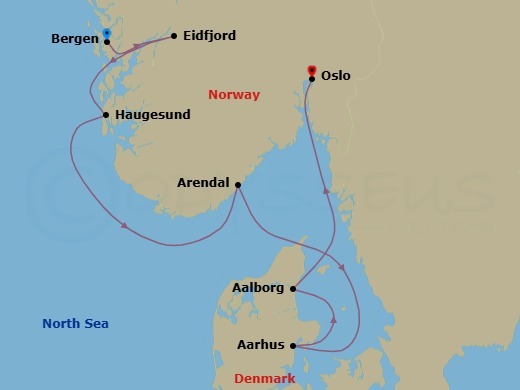 7 Night - Nordic Wonders - Viking Saturn - Starting in Bergen, Eidfjord, Haugesund, Arendal, Aarhus, Alborg, Oslo itinerary map