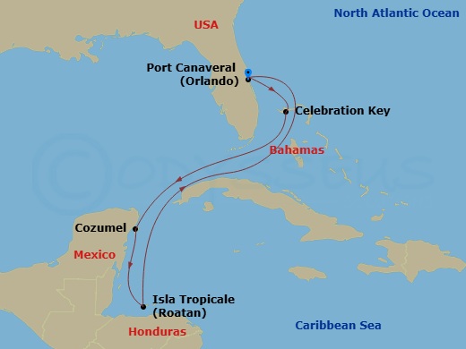 7 Night - Western Caribbean - Carnival Mardi Gras - Starting in Port Canaveral (Orlando), Fl, Celebration Key, the Bahamas, Puerta Maya, Cozumel, Mexico, Isla Tropicale, Roatan, Port Canaveral (Orlando), Fl itinerary map