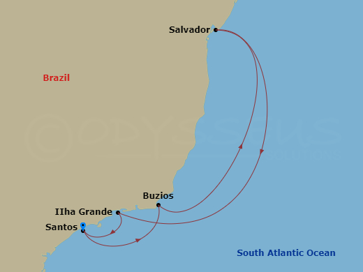 6 Night - South America - MSC Virtuosa - Starting in Santos (Sao Paulo), Brazil, Buzios, Brazil, Salvador, Brazil, Ilha Grande, Brazil, Santos (Sao Paulo), Brazil itinerary map